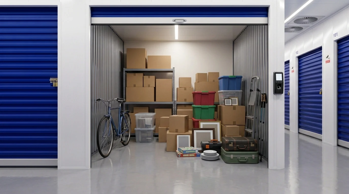 Una bodega abierta con sus cajas ordenadas en estantes, una bicicleta y maletas, en un pasillo de puertas azules.