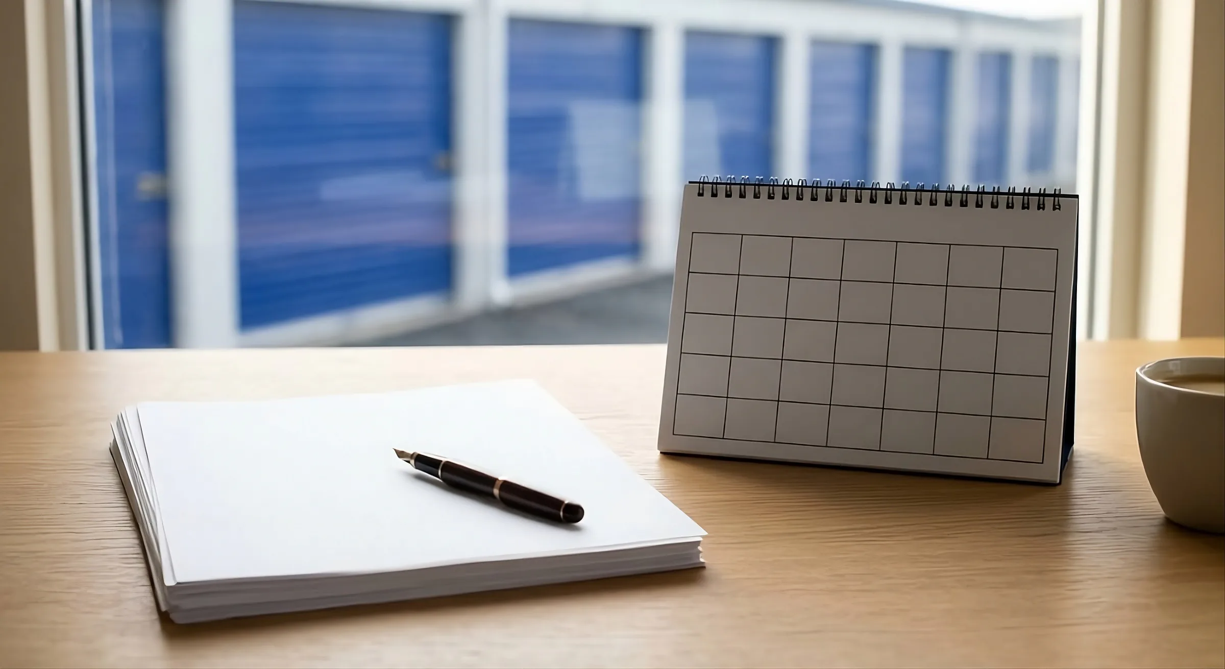 Un escritorio con hojas en blanco, una pluma y un calendario sin fechas, frente a una ventana con puertas azules de bodegas desenfocadas.