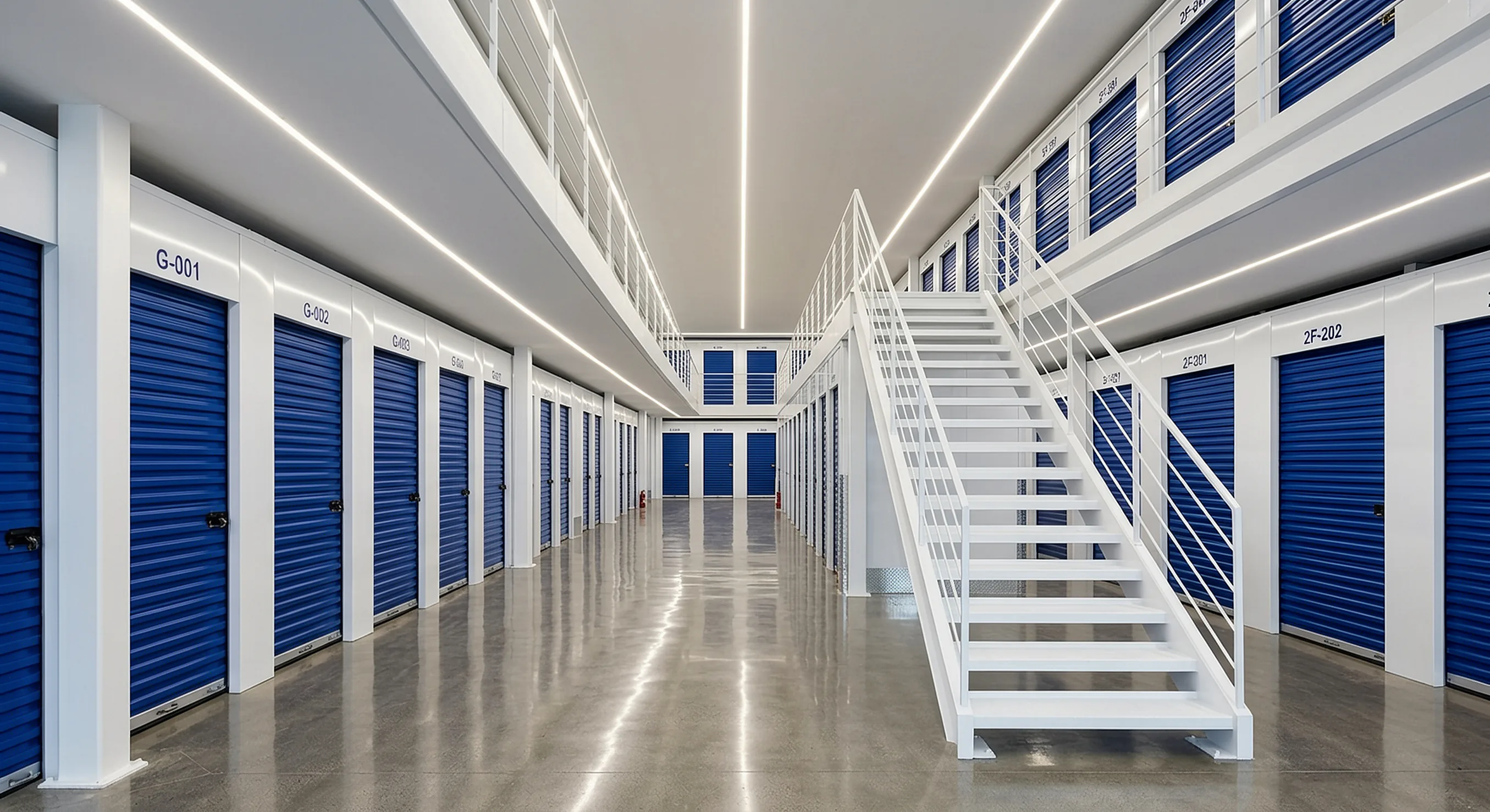 Un centro de bodegas de dos pisos, con una escalera blanca y pasillos de puertas azules.