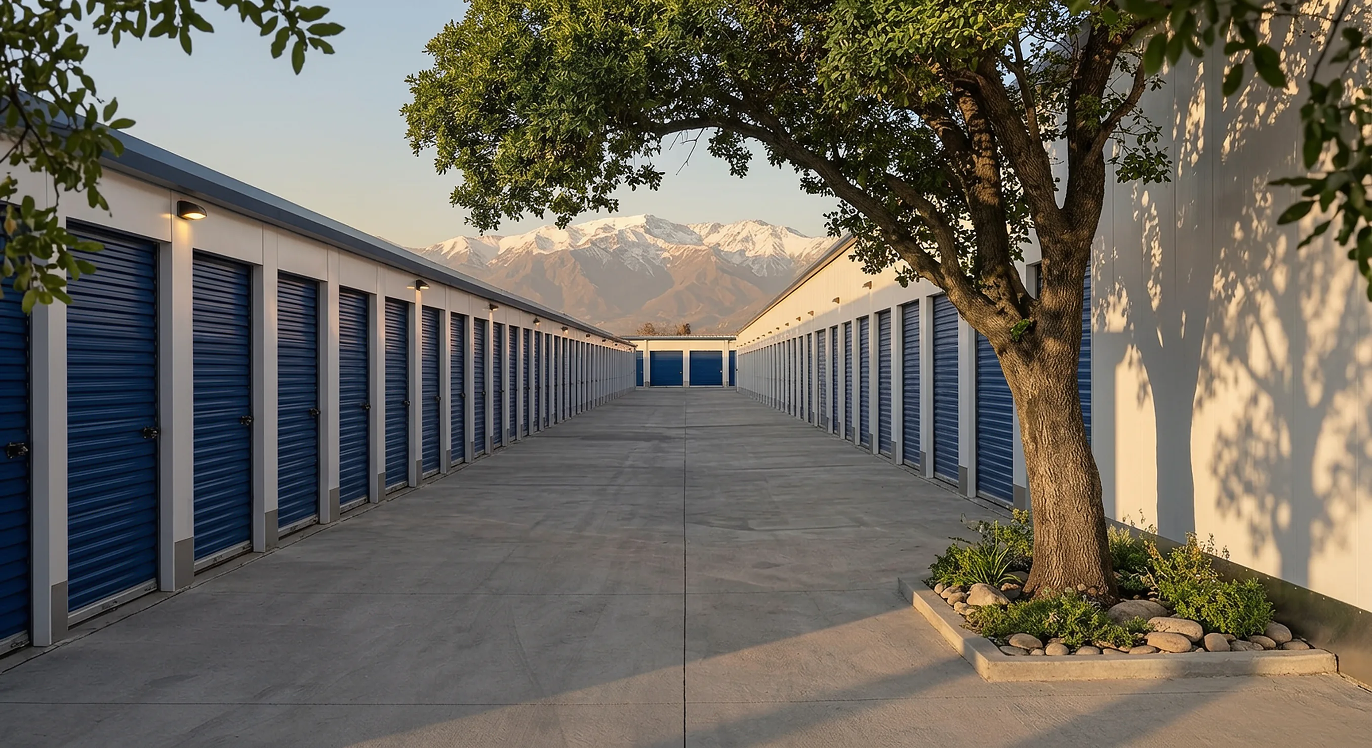 La calle entre dos naves de bodegas con puertas azules, al atardecer, con un árbol y la cordillera nevada al fondo.