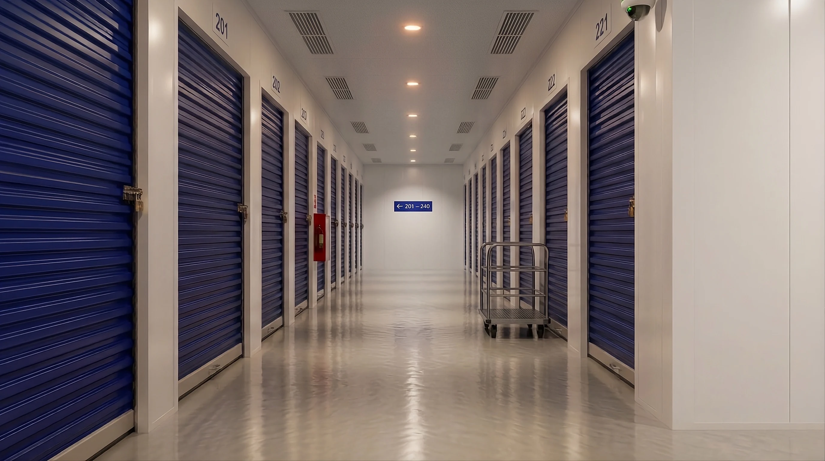 Un pasillo de bodegas con puertas azules cerradas, iluminado de noche, con una cámara en el techo.